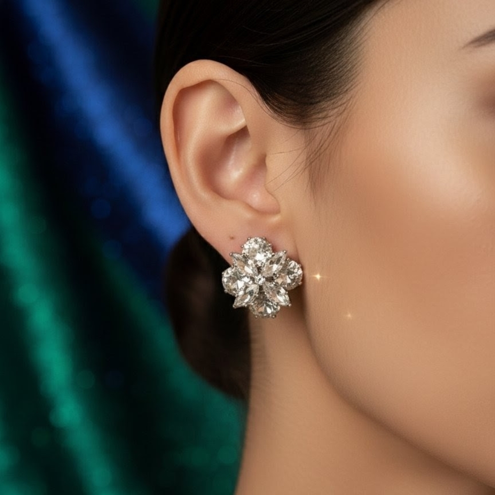 Iron Saints Cubic Zirconia Crystal Flower Silver-Tone Stud Earrings - Brand New